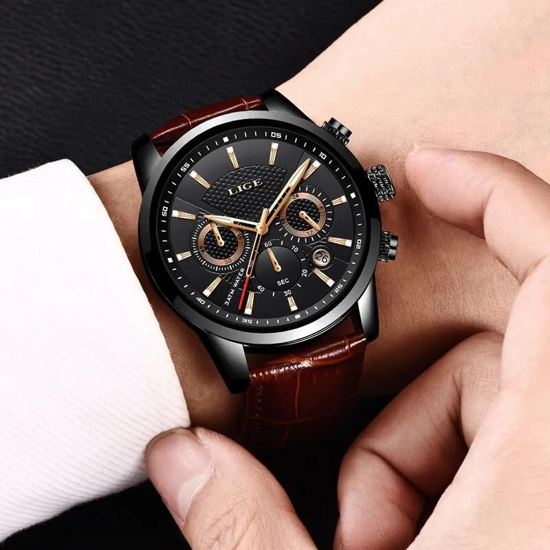 Leather Chrono Waterproof Men's Watch