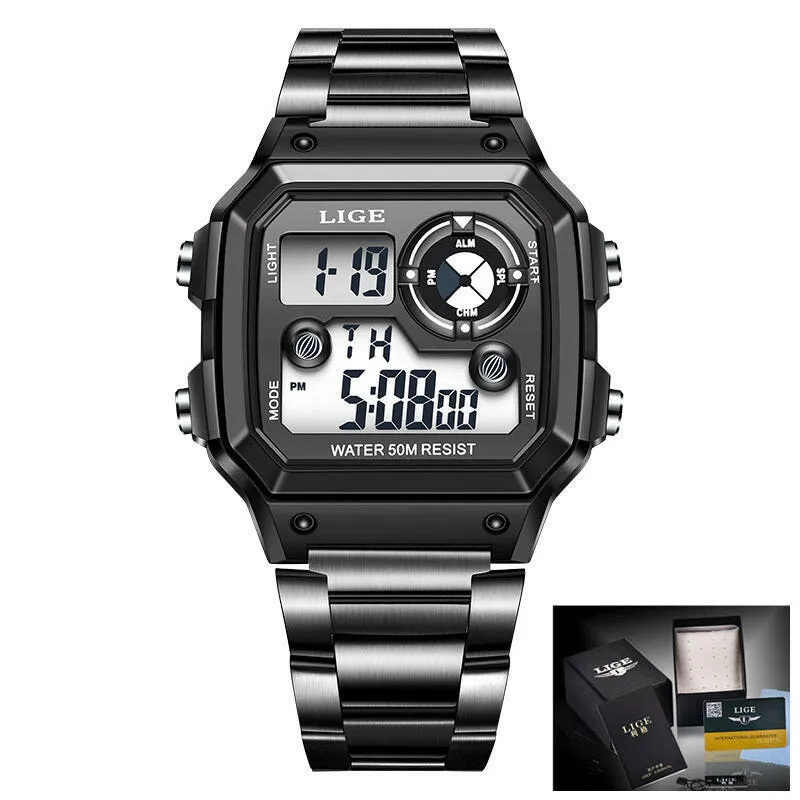 Lige Electronic Watch Unisex Watch Luminous Display Watch Multi-Function Chronograph Alarm Clock