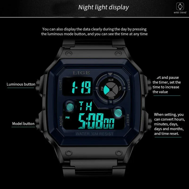 Lige Electronic Watch Unisex Watch Luminous Display Watch Multi-Function Chronograph Alarm Clock