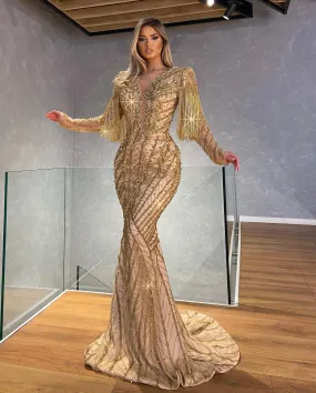 Long Evening Gold Embroidered Dress