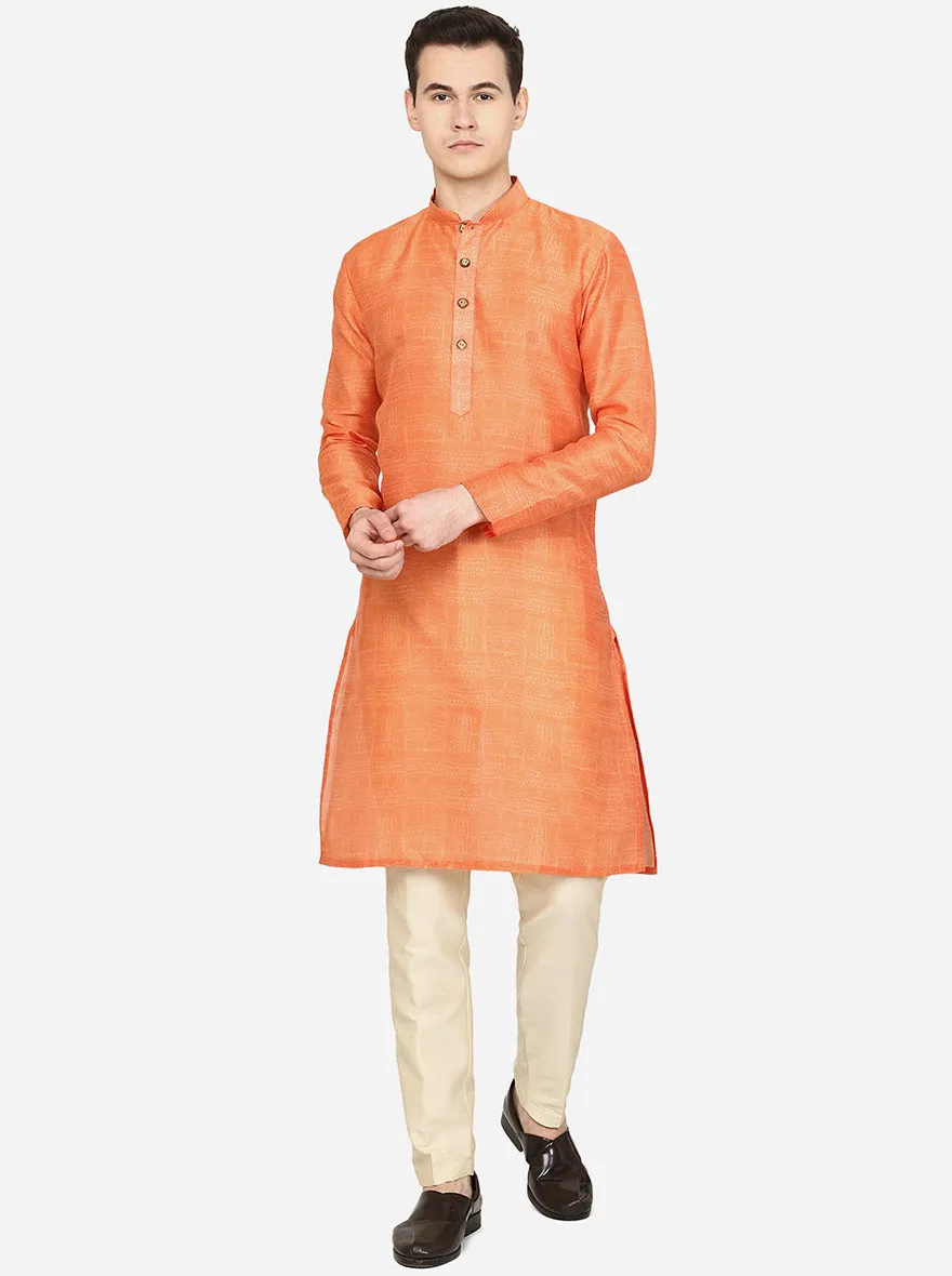 Metallic Orange Printed Silk Blend Kurta for Men