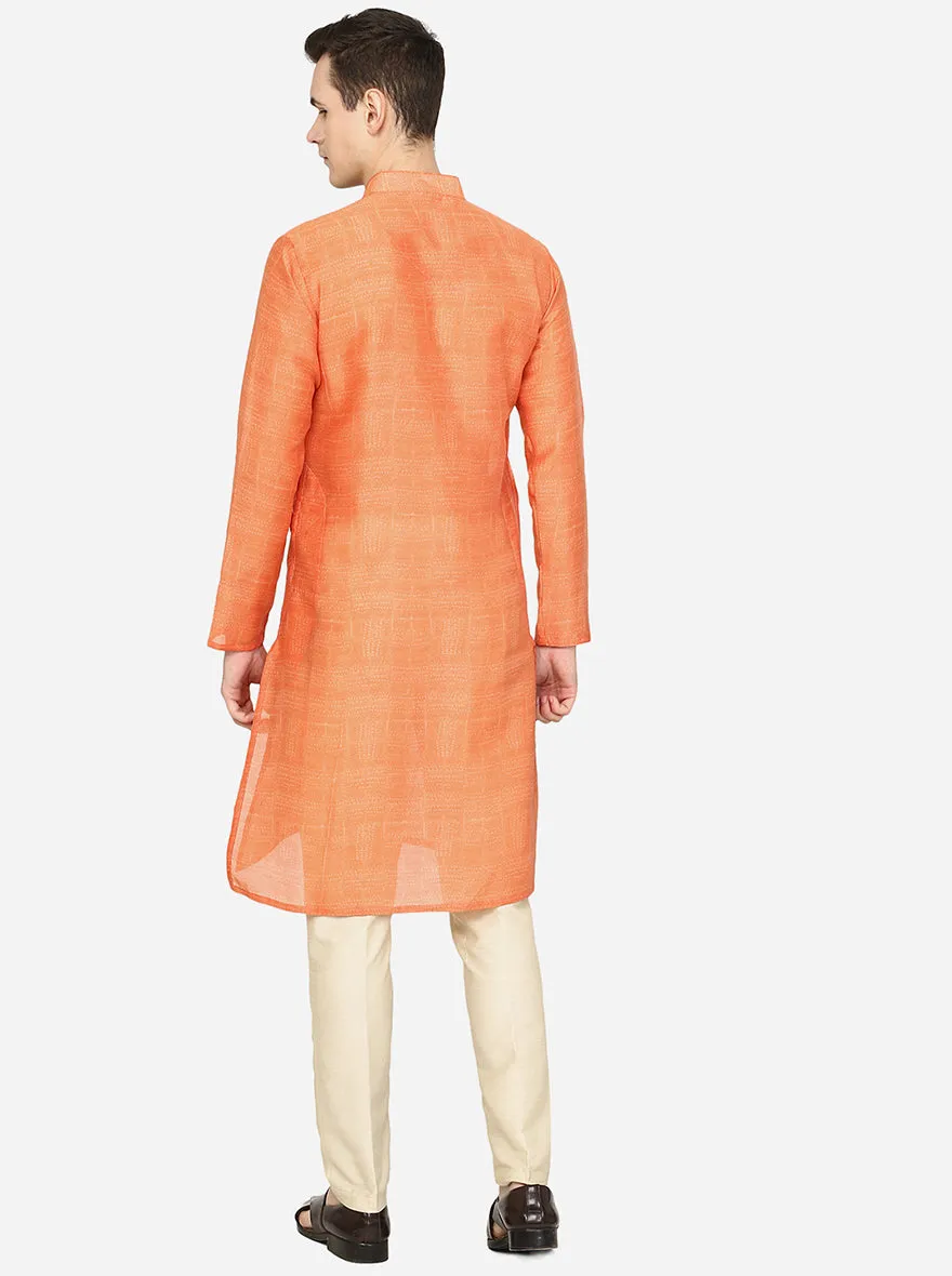 Metallic Orange Printed Silk Blend Kurta for Men