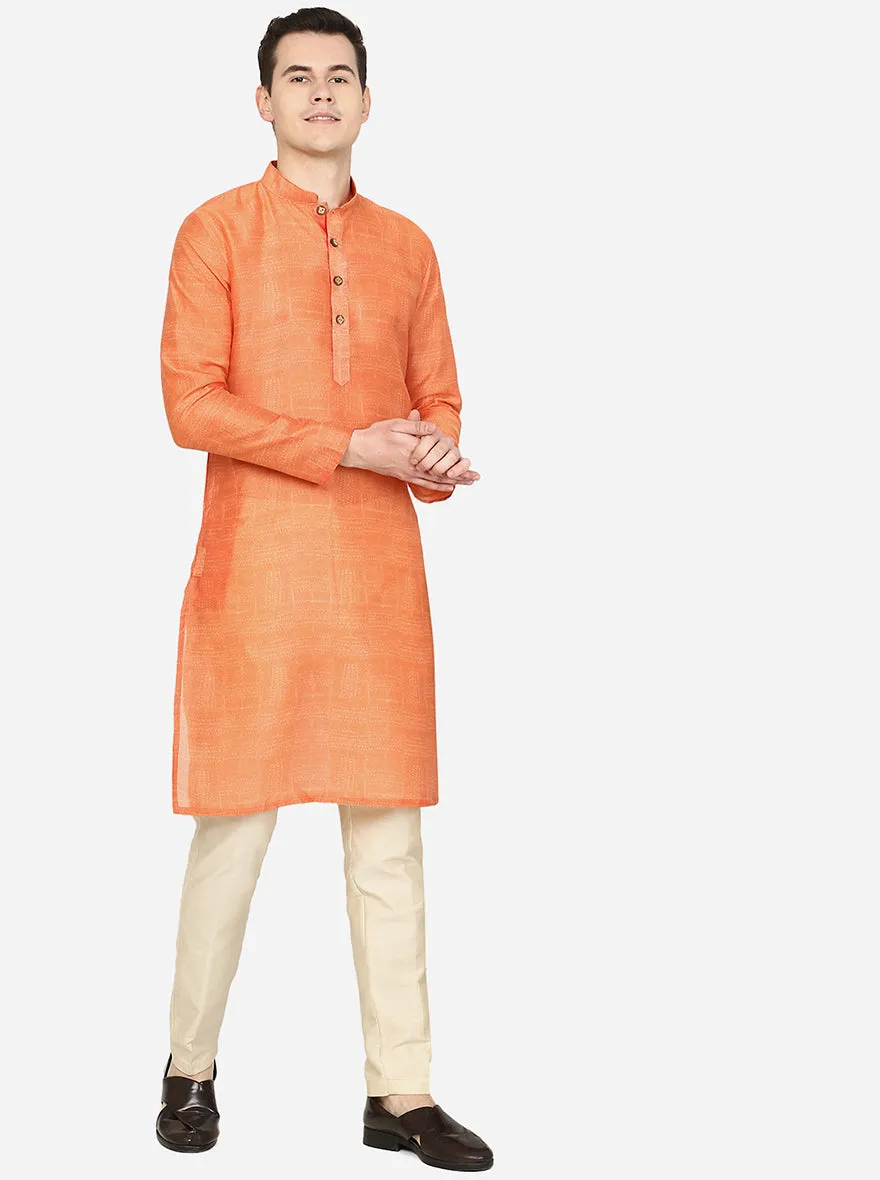 Metallic Orange Printed Silk Blend Kurta for Men