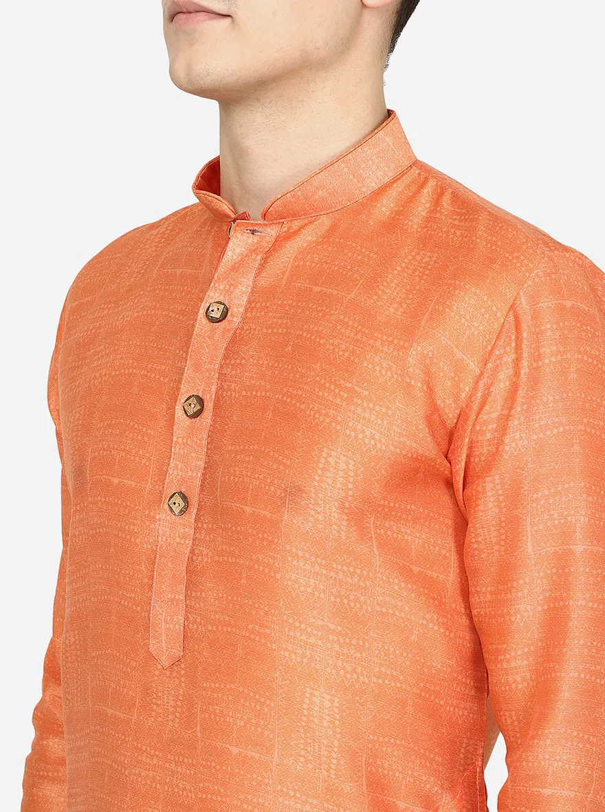 Metallic Orange Printed Silk Blend Kurta for Men