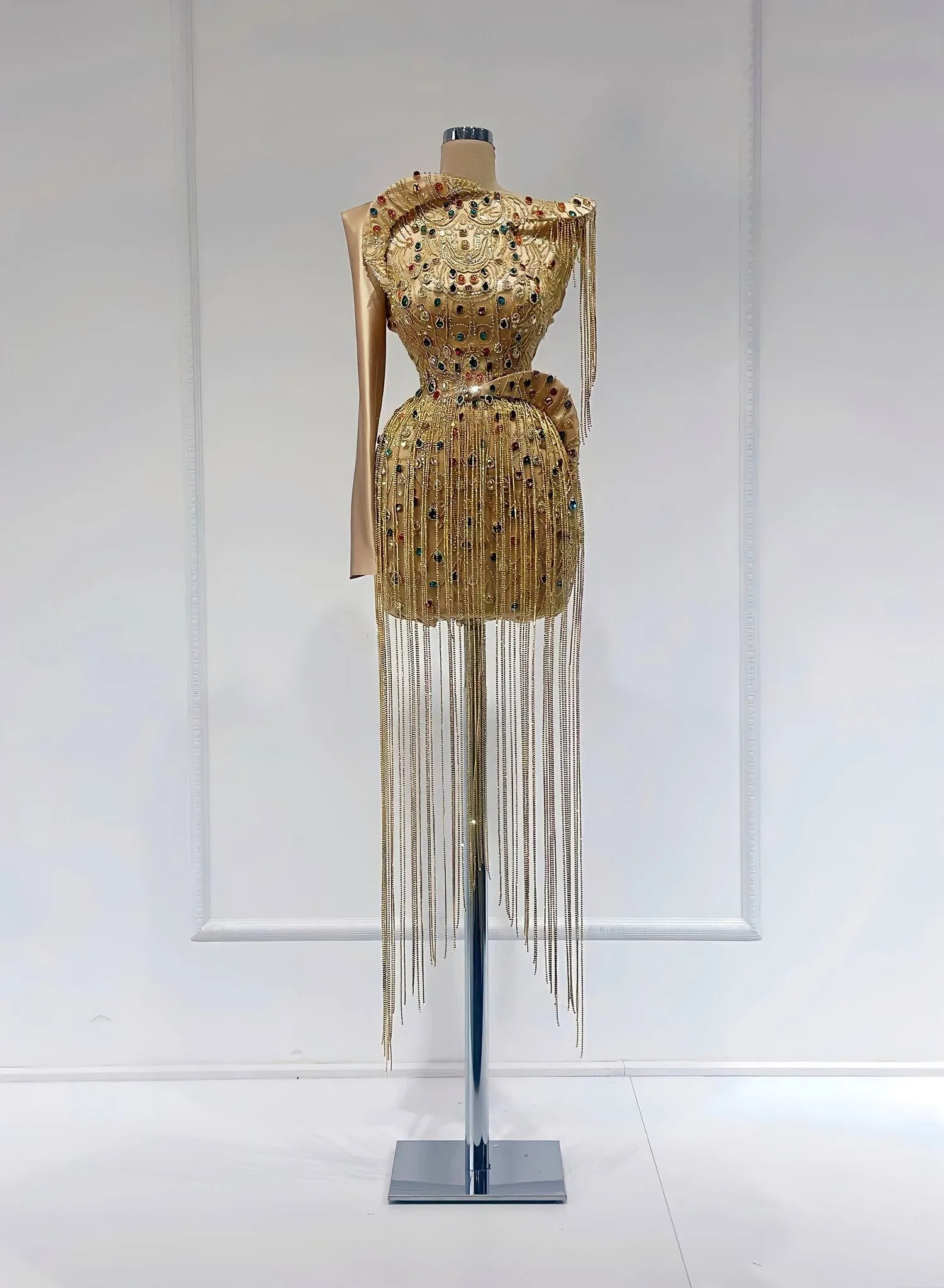 Misty One-Shoulder Stone and Tassel Short Dress