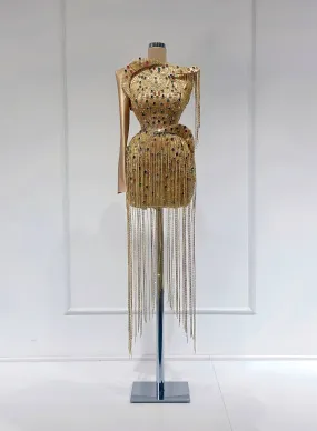 Misty One-Shoulder Stone and Tassel Short Dress