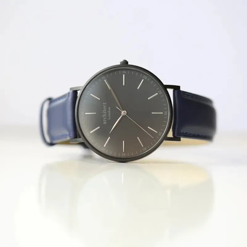 Modern Font Engraving - Men’s Minimalist Watch   Admiral Blue Strap