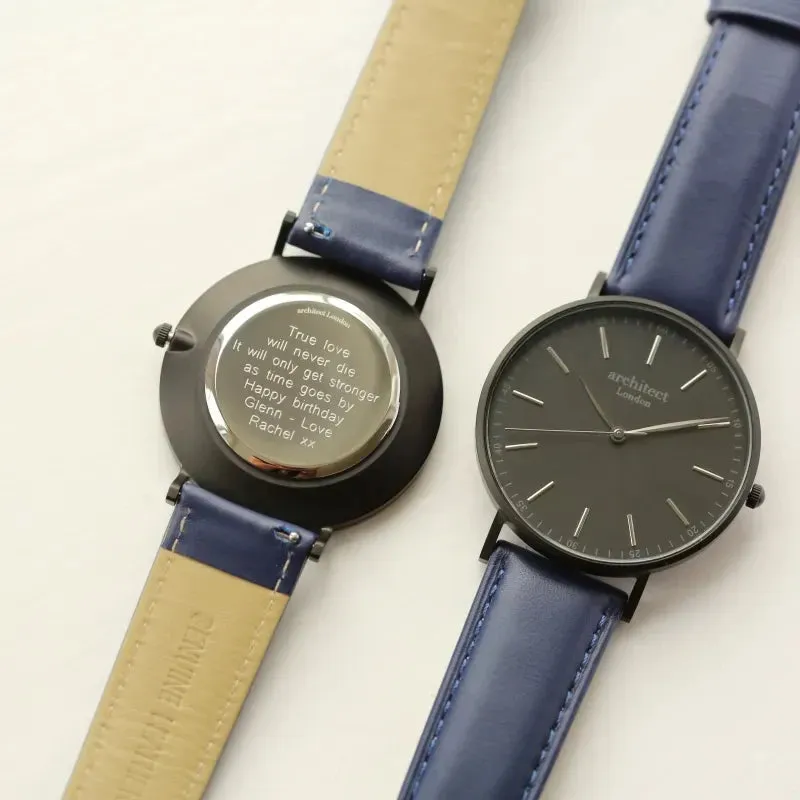 Modern Font Engraving - Men’s Minimalist Watch   Admiral Blue Strap
