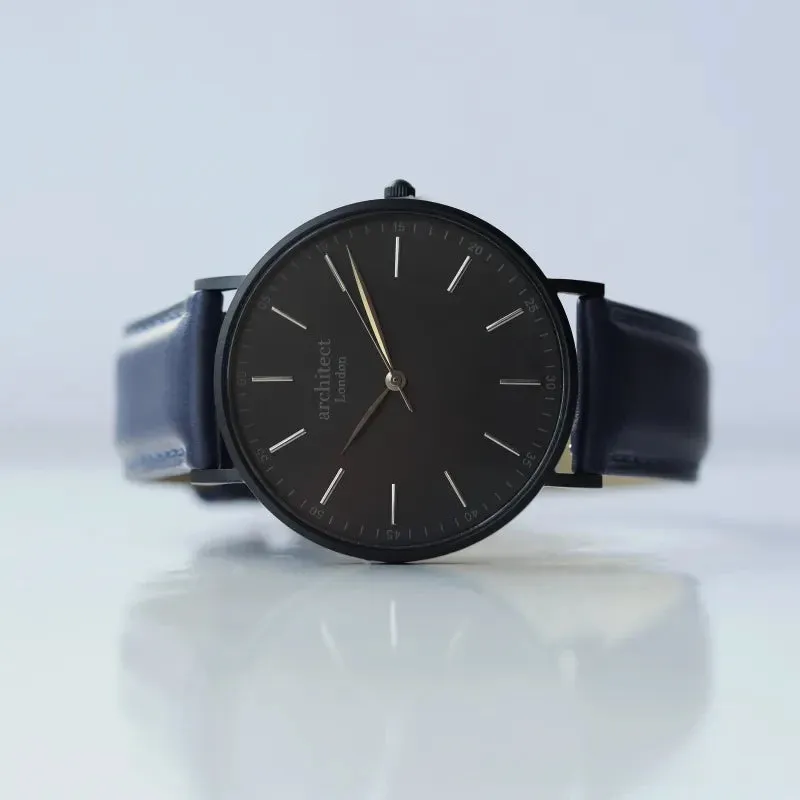 Modern Font Engraving - Men’s Minimalist Watch   Admiral Blue Strap