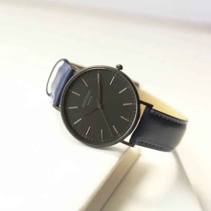 Modern Font Engraving - Men’s Minimalist Watch   Admiral Blue Strap