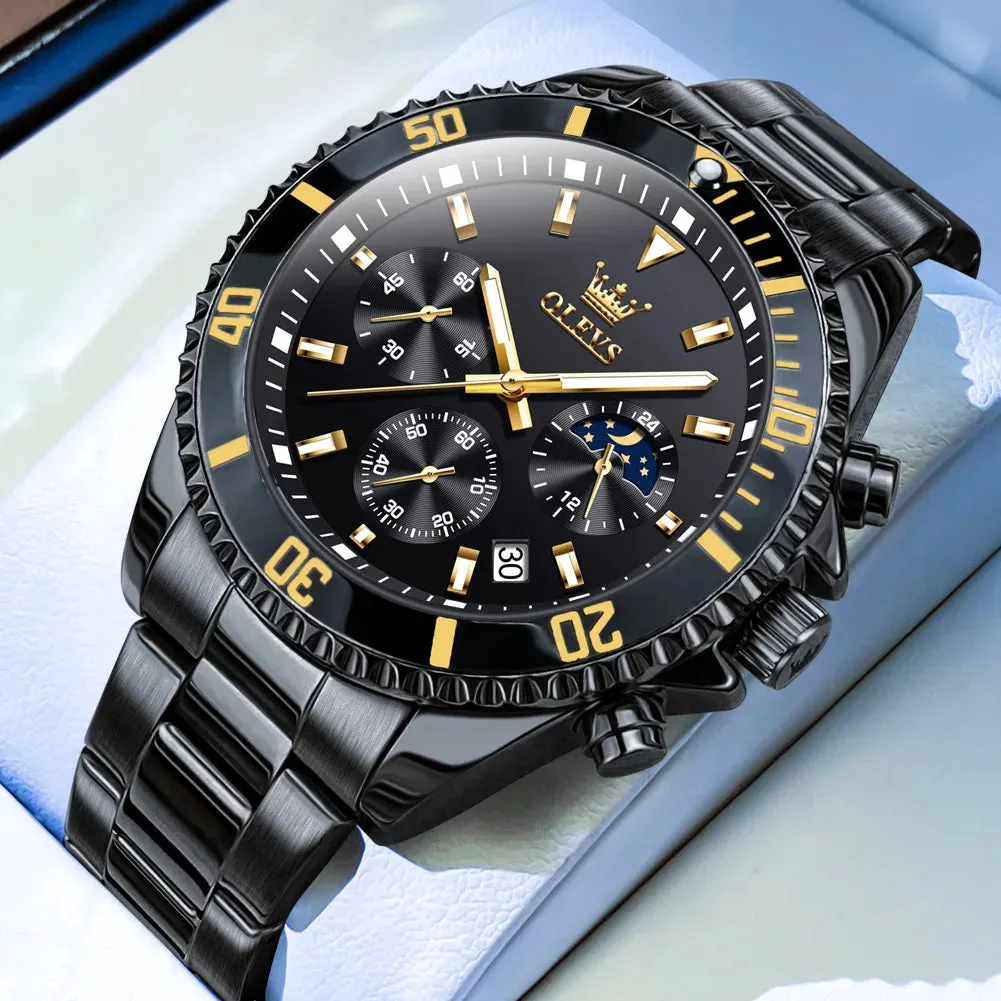OLEVS Men's Pilot Style Watch – Waterproof Luminous Chronograph with Moon Phase