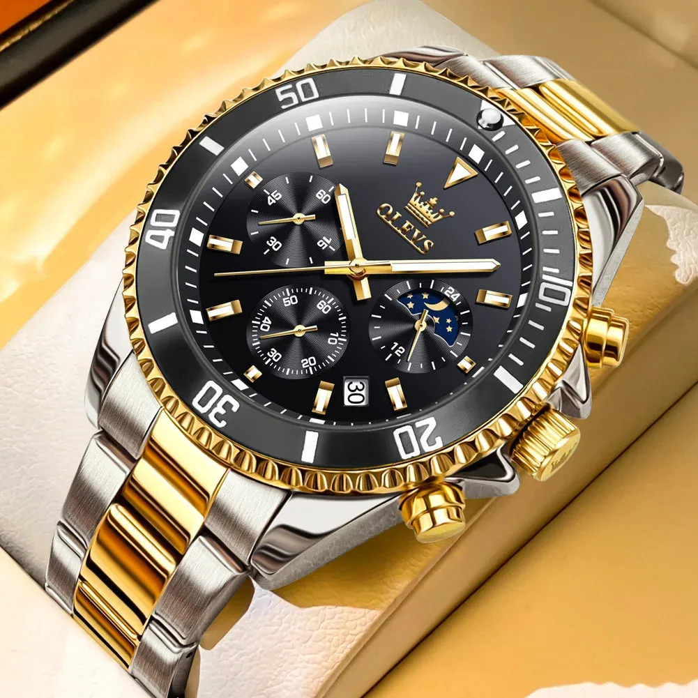 OLEVS Men's Pilot Style Watch – Waterproof Luminous Chronograph with Moon Phase