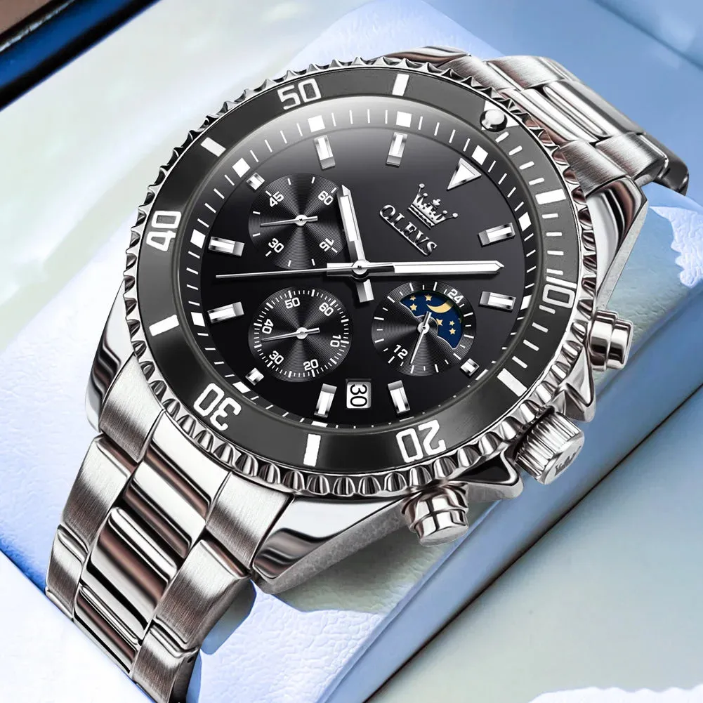 OLEVS Men's Pilot Style Watch – Waterproof Luminous Chronograph with Moon Phase