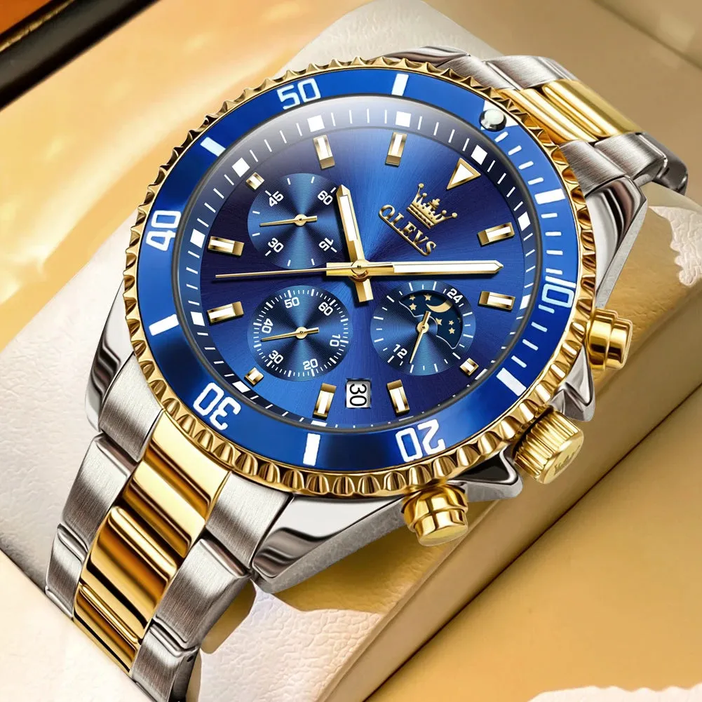 OLEVS Men's Pilot Style Watch – Waterproof Luminous Chronograph with Moon Phase