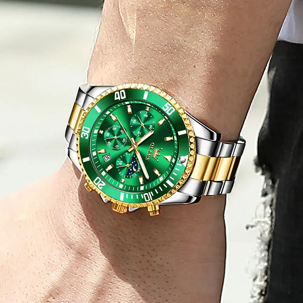 OLEVS Men's Pilot Style Watch – Waterproof Luminous Chronograph with Moon Phase