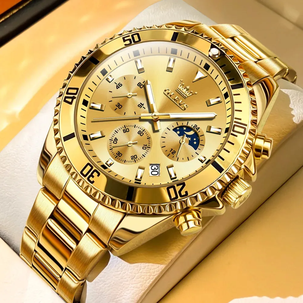 OLEVS Men's Pilot Style Watch – Waterproof Luminous Chronograph with Moon Phase
