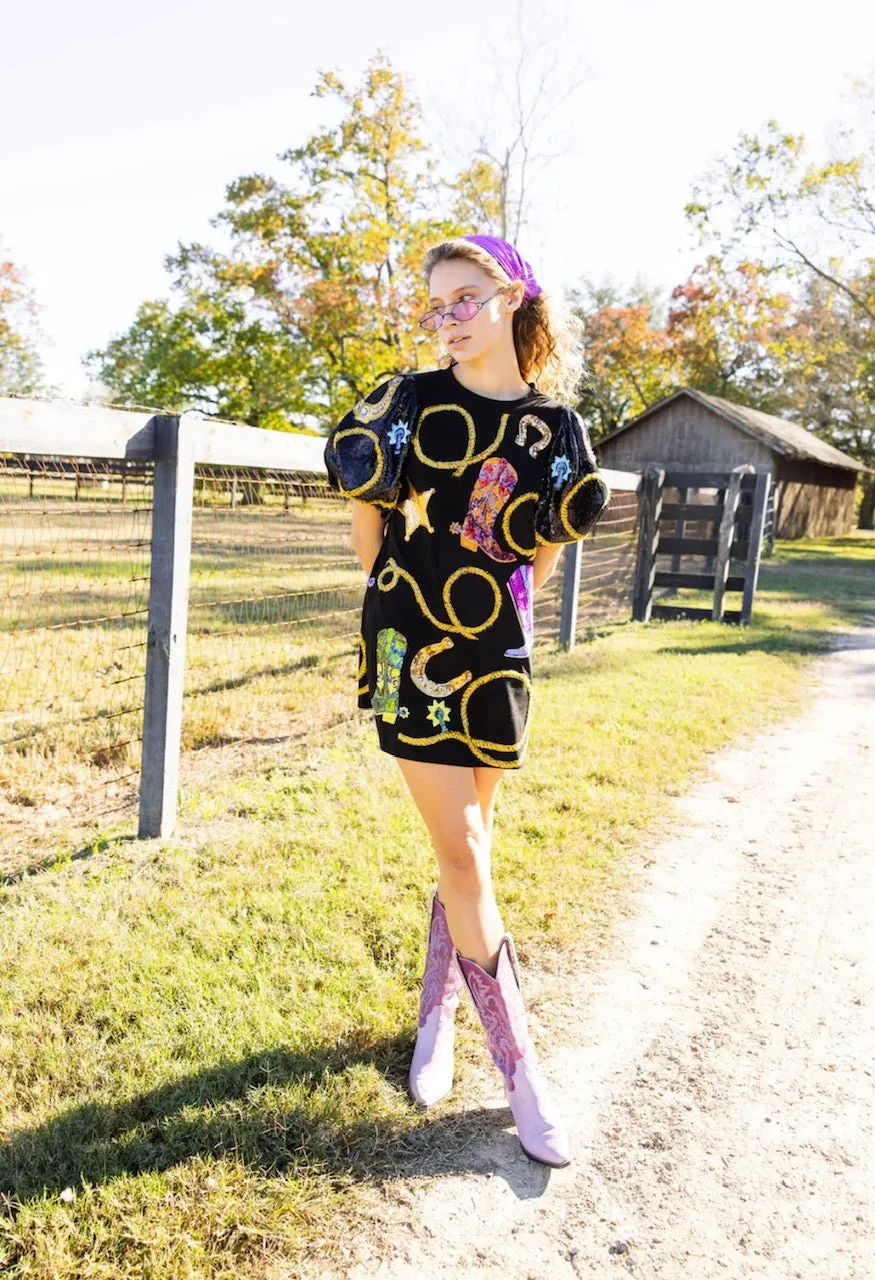 Queen of Sparkles Black Cowgirl Icon Poof Sleeve Dress