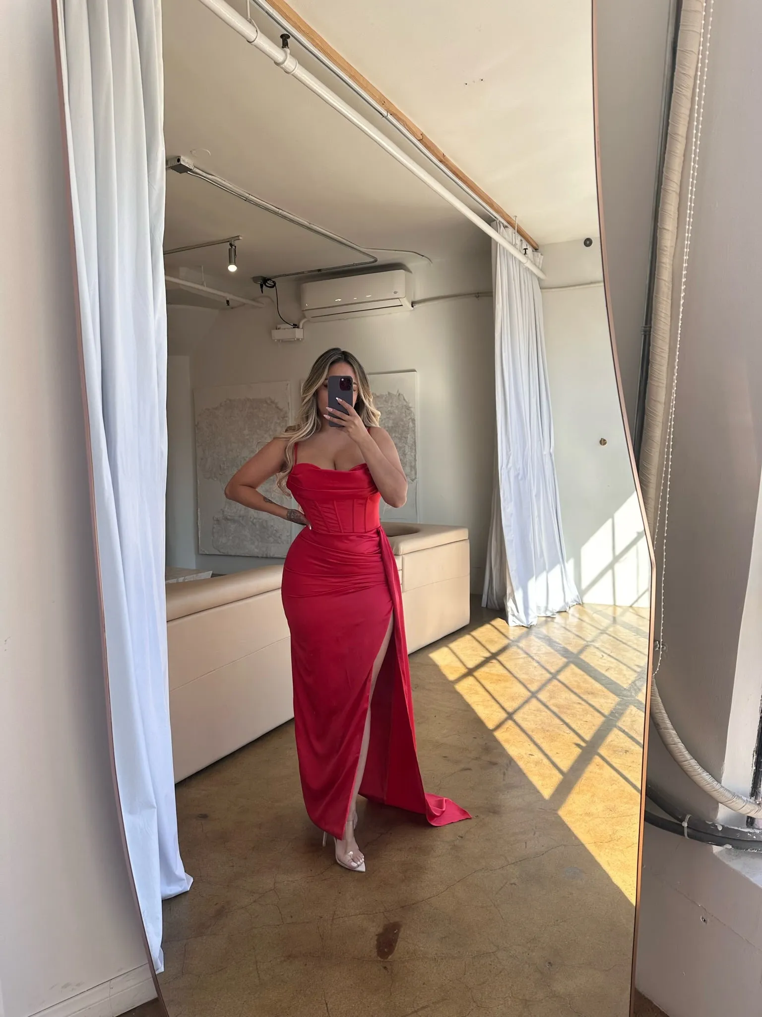 "Esme" Corset Front Slit Satin Gown- Red