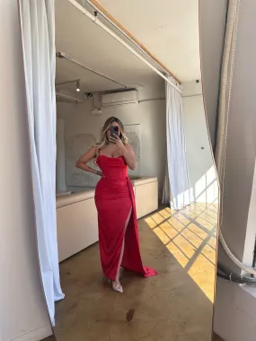 "Esme" Corset Front Slit Satin Gown- Red