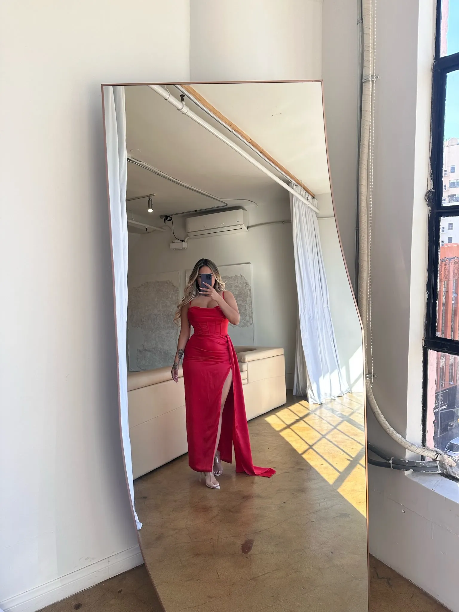 "Esme" Corset Front Slit Satin Gown- Red
