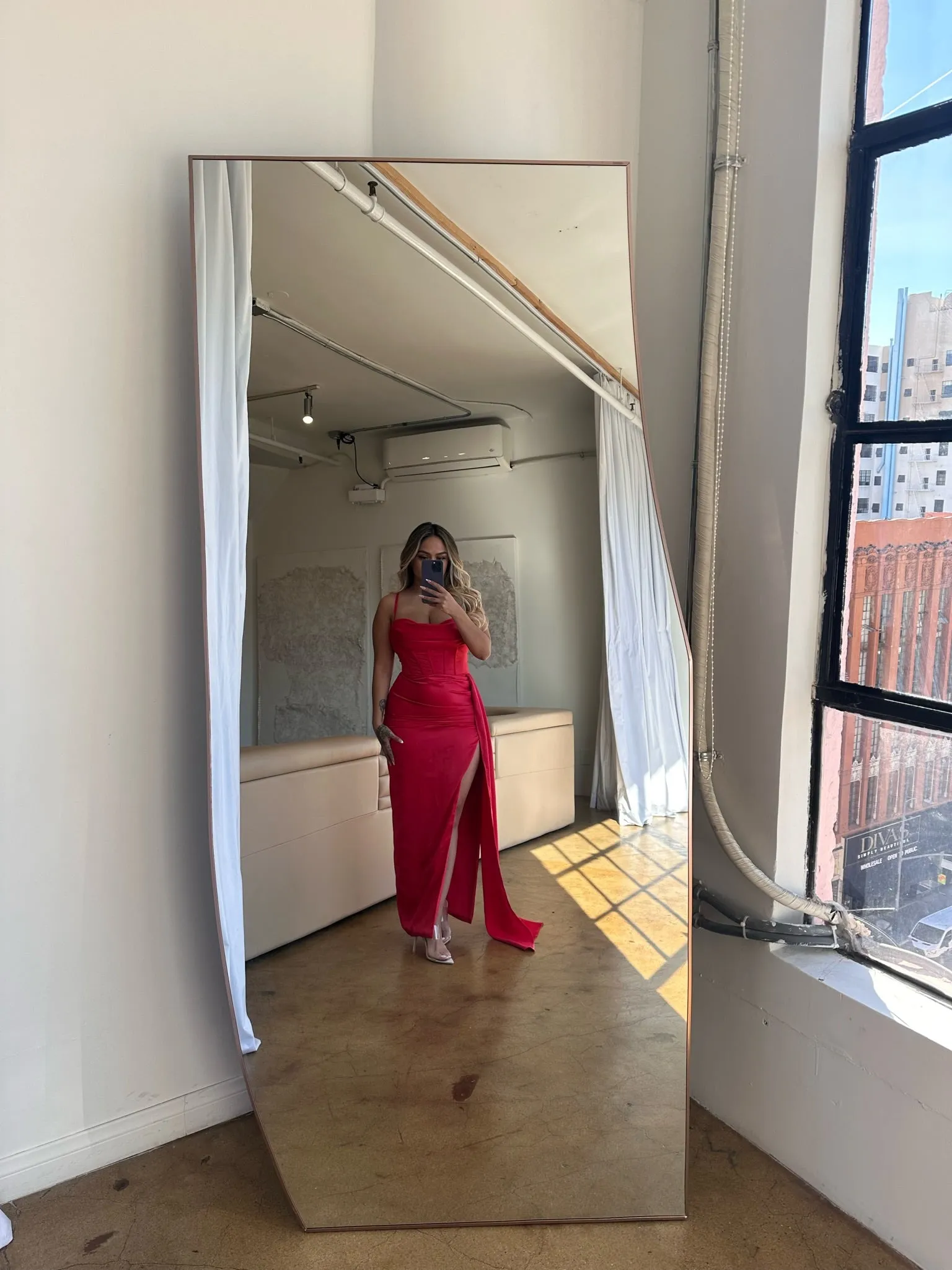 "Esme" Corset Front Slit Satin Gown- Red