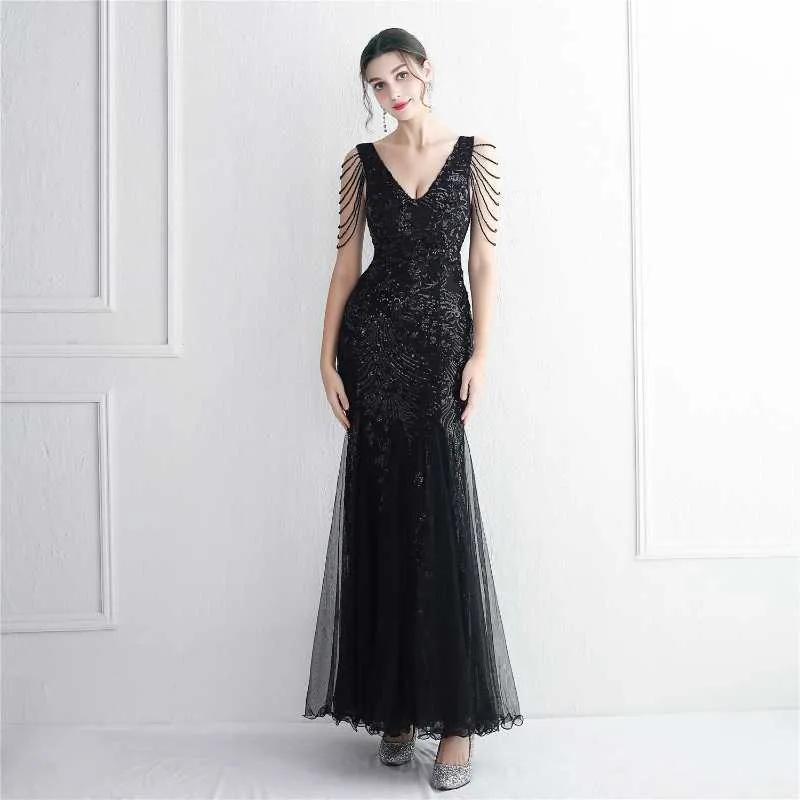 Sexy New Bead Mesh Craft Long Fish Tail Sequin Party Dress