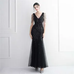 Sexy New Bead Mesh Craft Long Fish Tail Sequin Party Dress