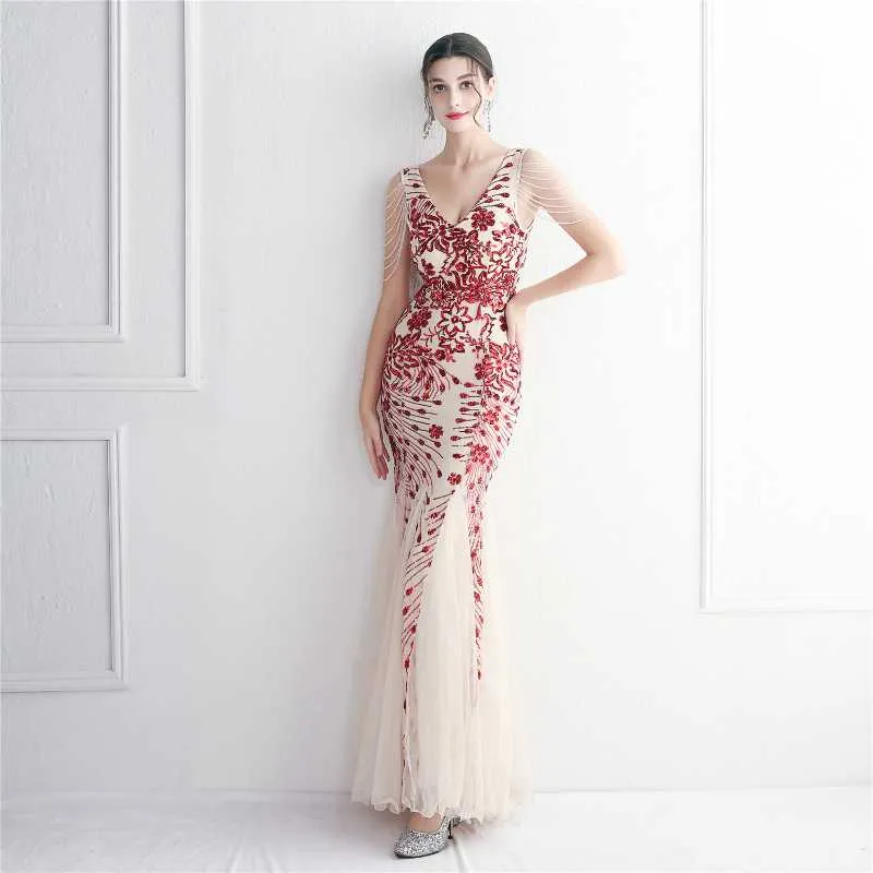 Sexy New Bead Mesh Craft Long Fish Tail Sequin Party Dress