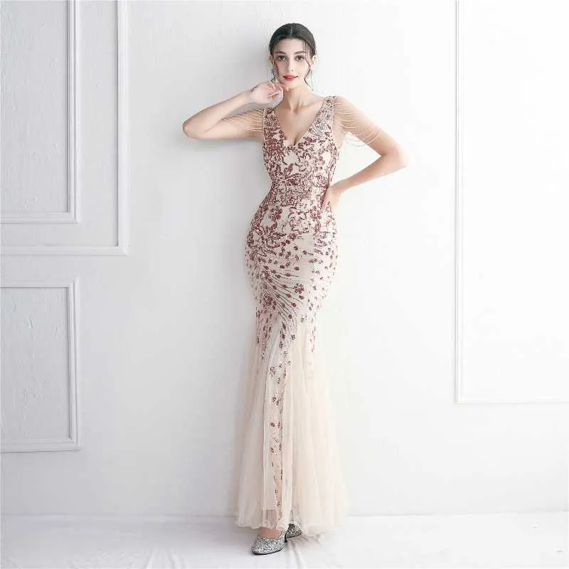 Sexy New Bead Mesh Craft Long Fish Tail Sequin Party Dress