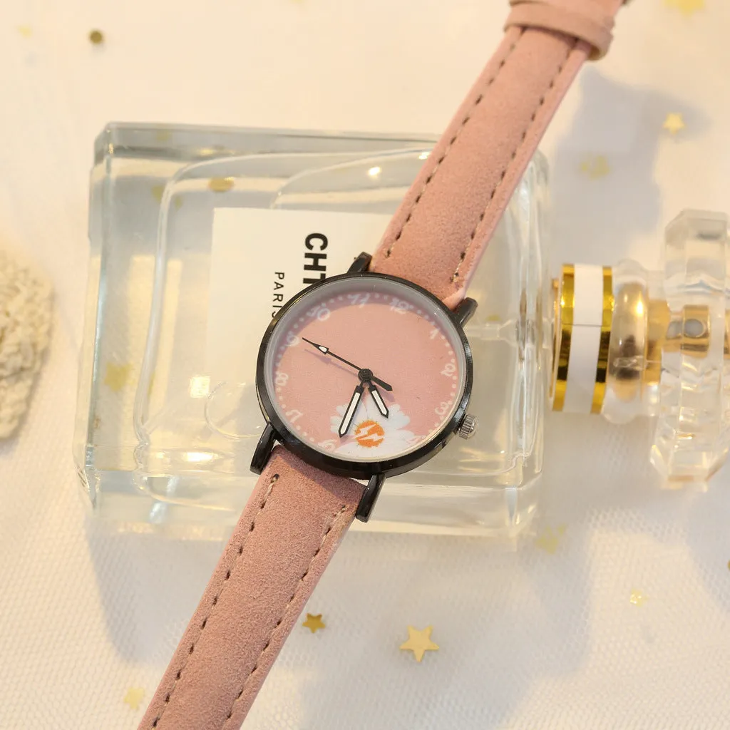Sidiou Group Hot Sales Retro Dress Women's Watch Daisy Flowers Cute Ladies Wrist Watch Bracelet Set Casual Matte Leather Female Watches