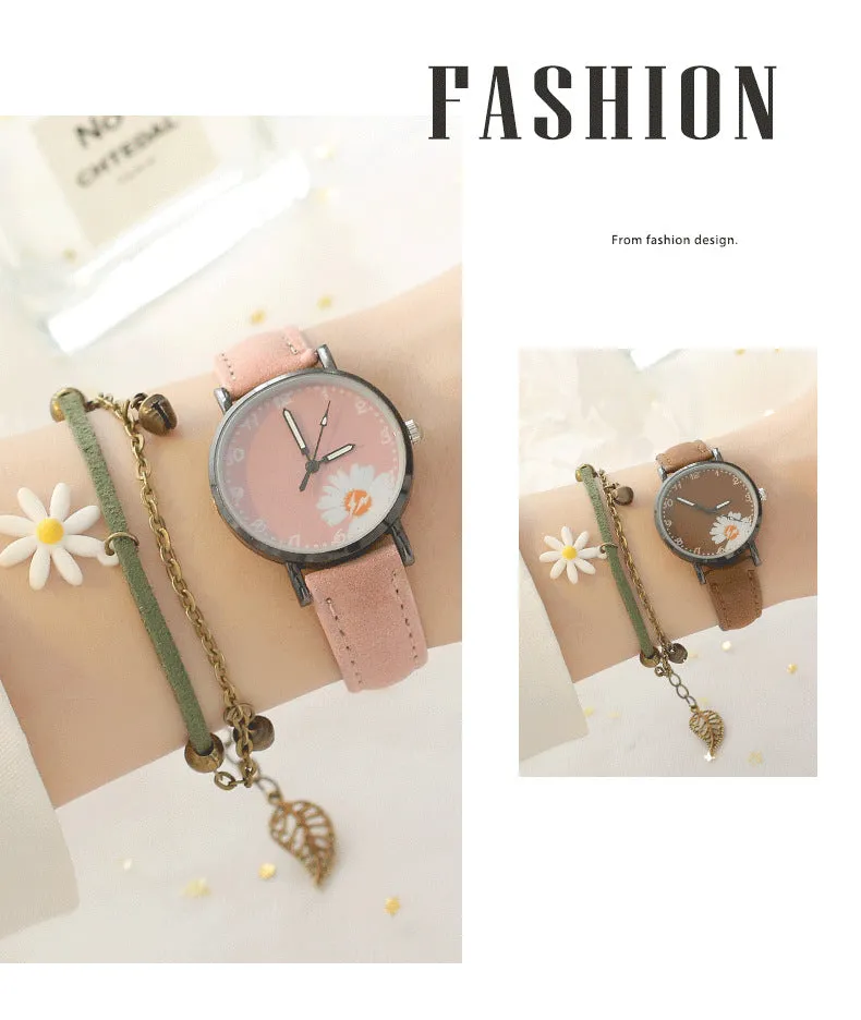 Sidiou Group Hot Sales Retro Dress Women's Watch Daisy Flowers Cute Ladies Wrist Watch Bracelet Set Casual Matte Leather Female Watches