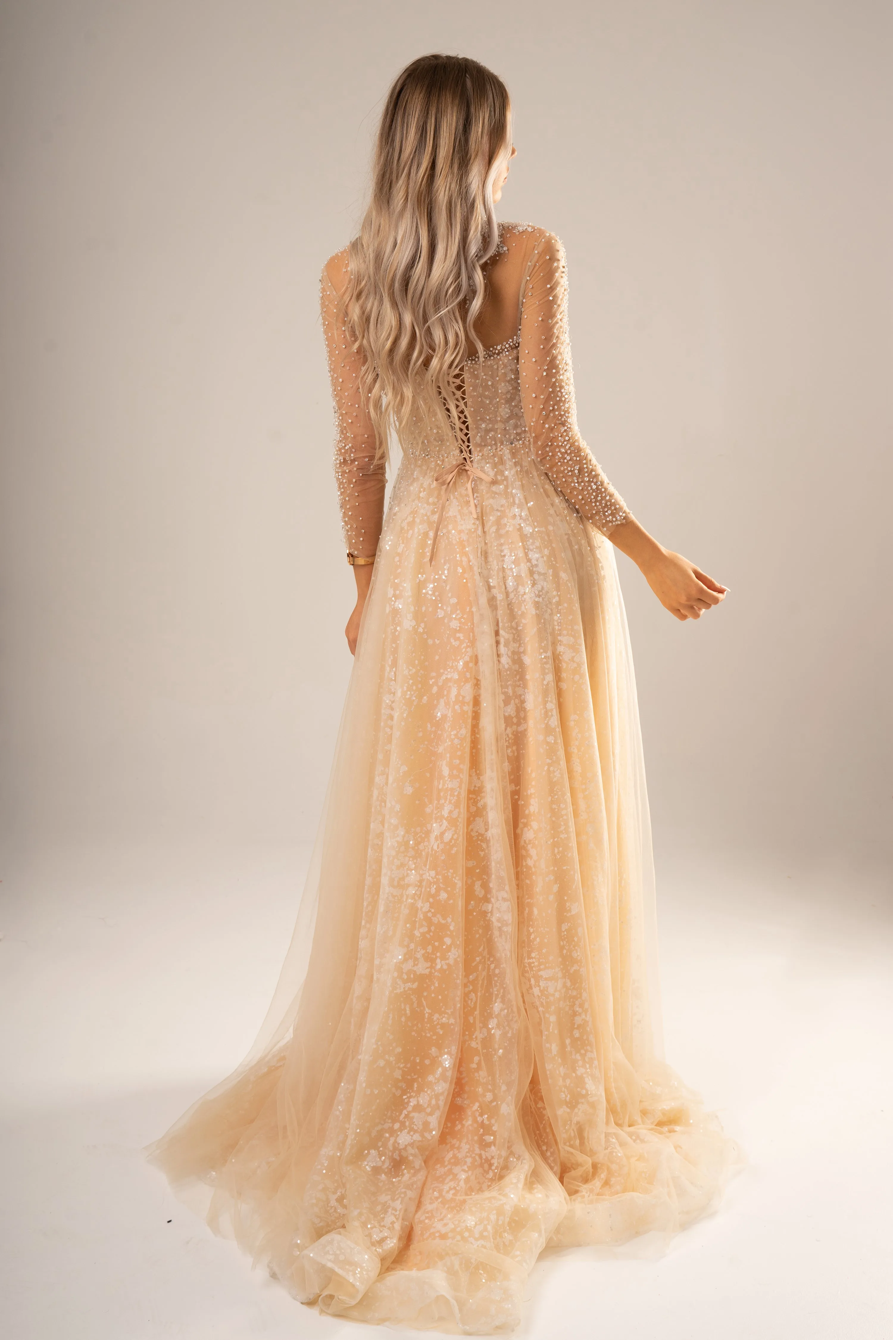 Sparkling light gold tulle with beads all over princess dress with sleeves (sample sale)