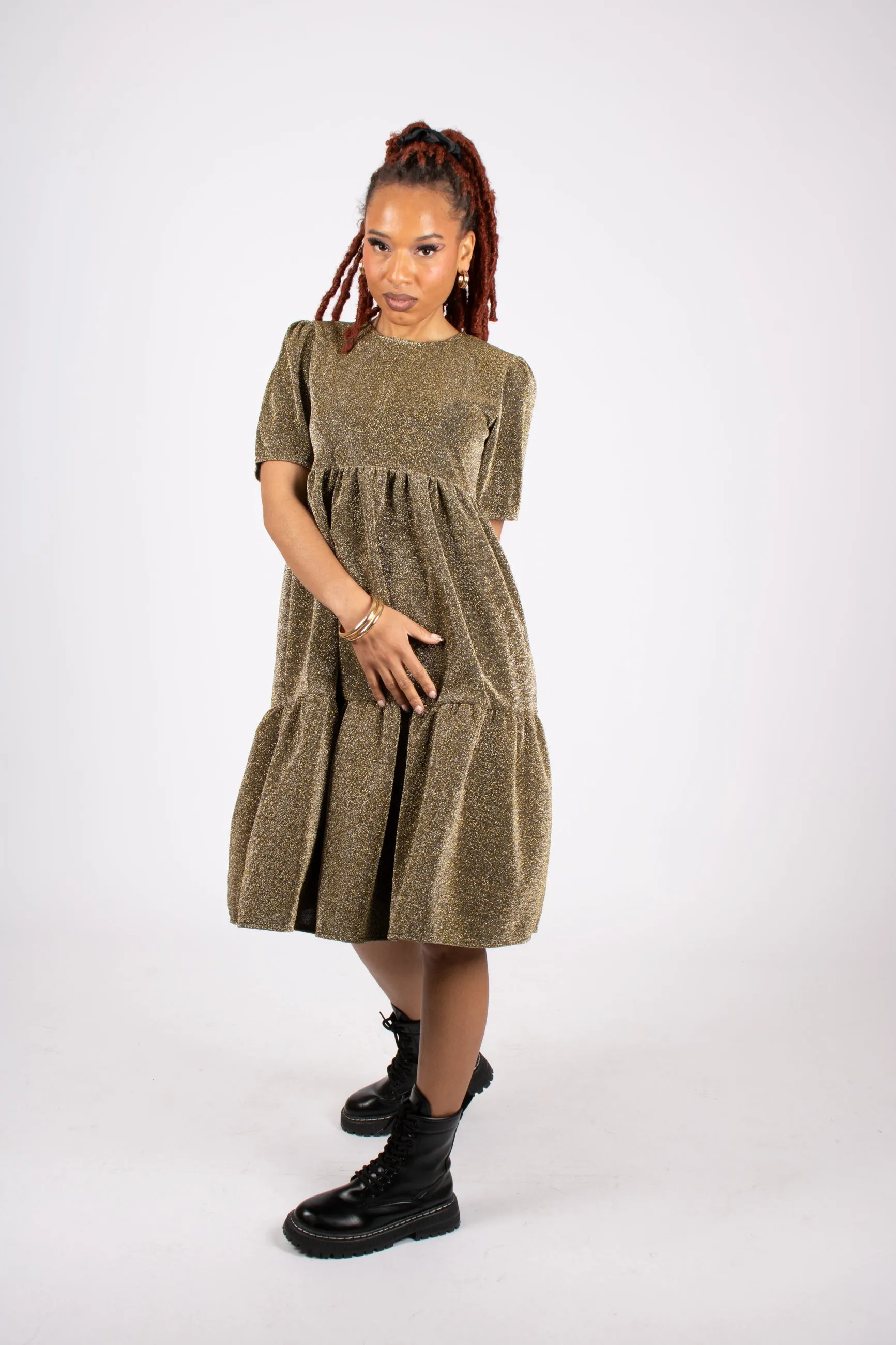 Tiered Midi Dress In Gold Sparkle Fabric