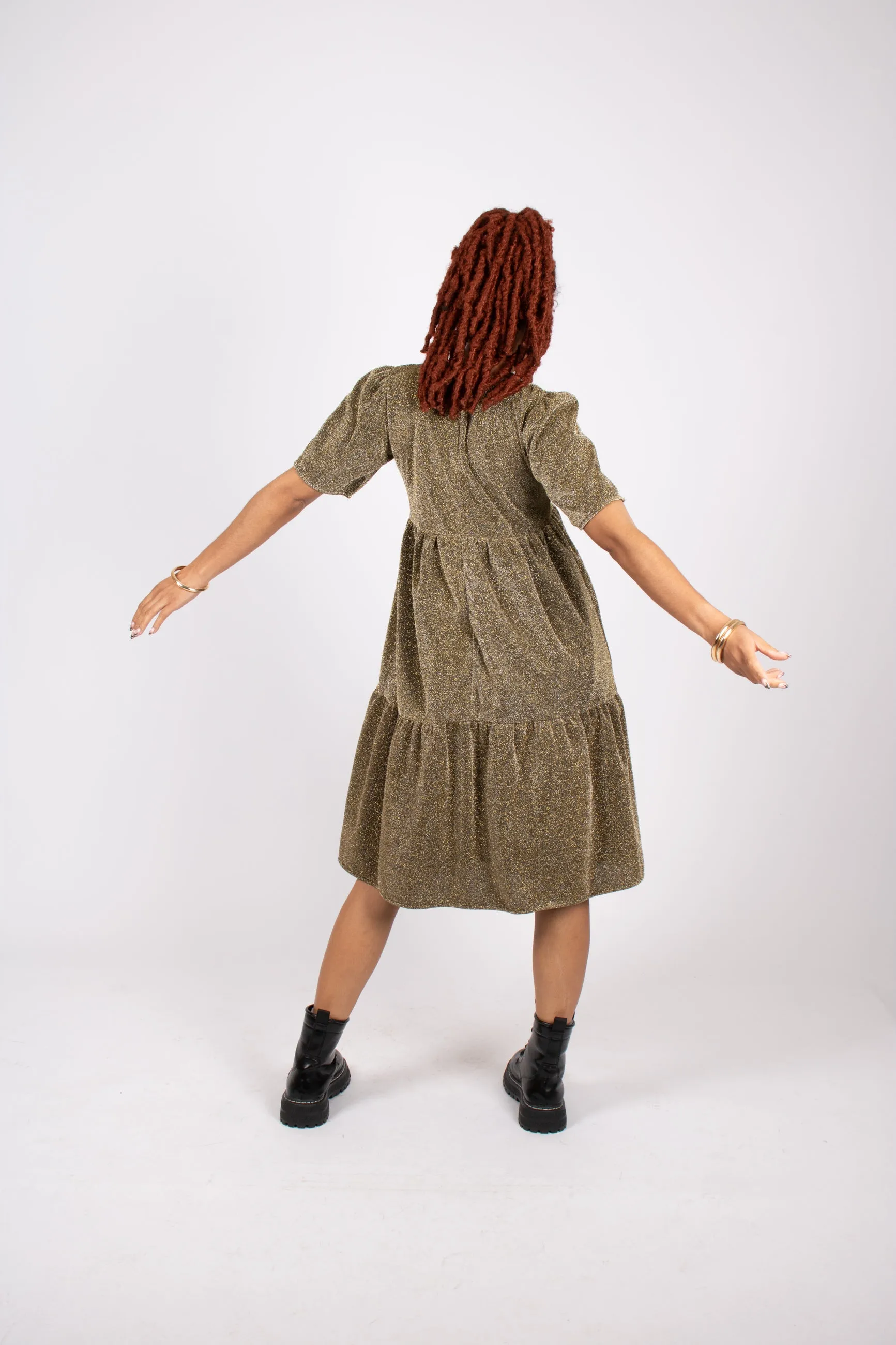 Tiered Midi Dress In Gold Sparkle Fabric