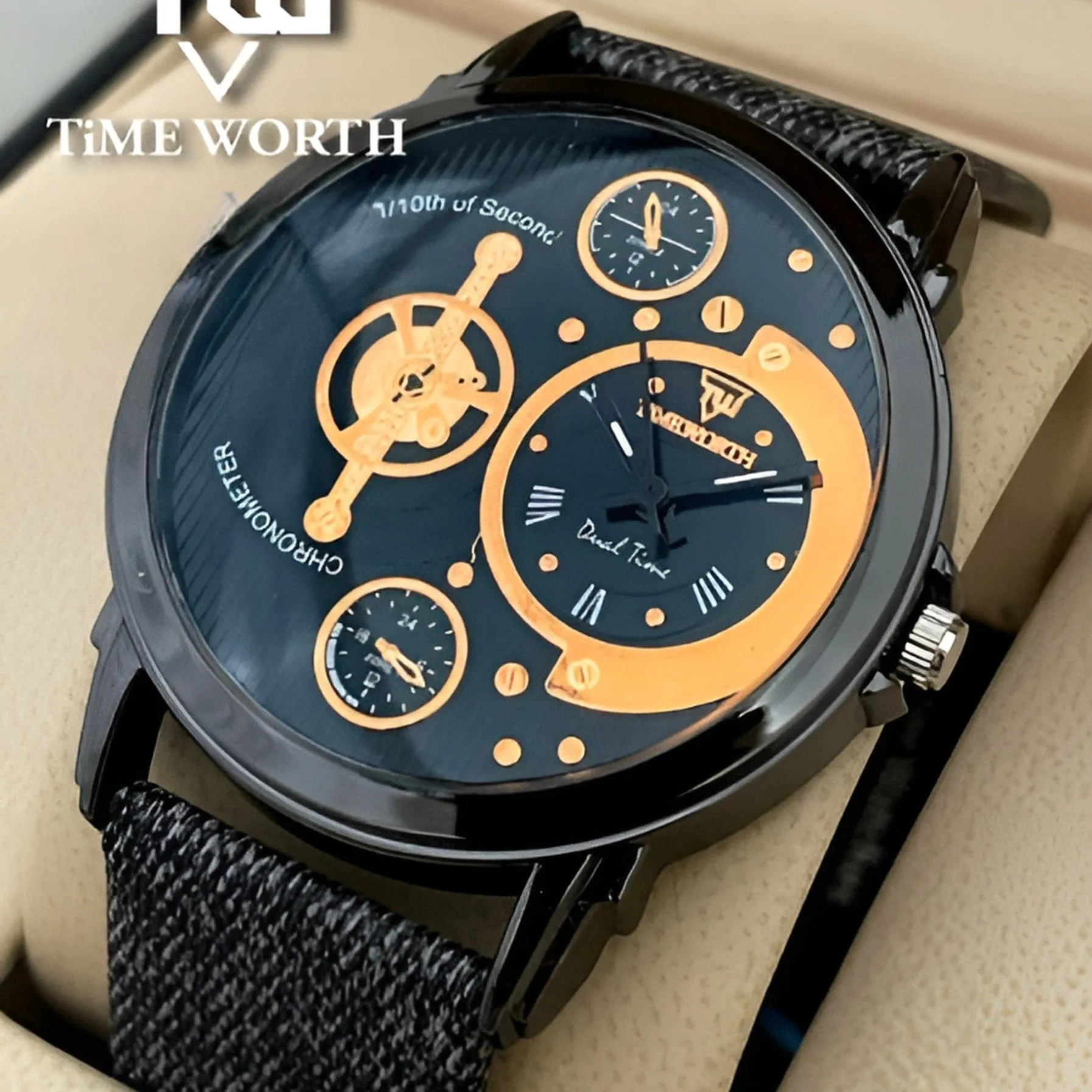 Time Worth Dual Time Stylish Grey Leather Strap Watch