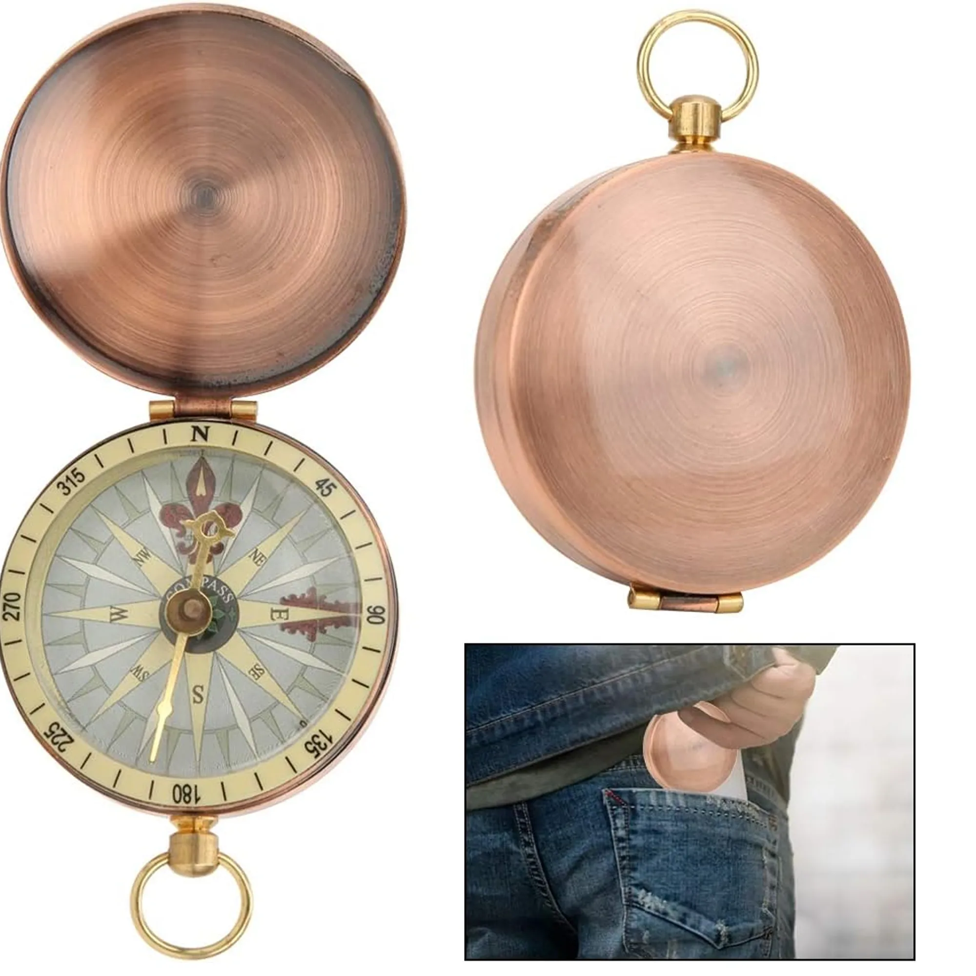 Vintage Pocket Watch Compass with Automatic Flip Lid for Outdoor Backpacking