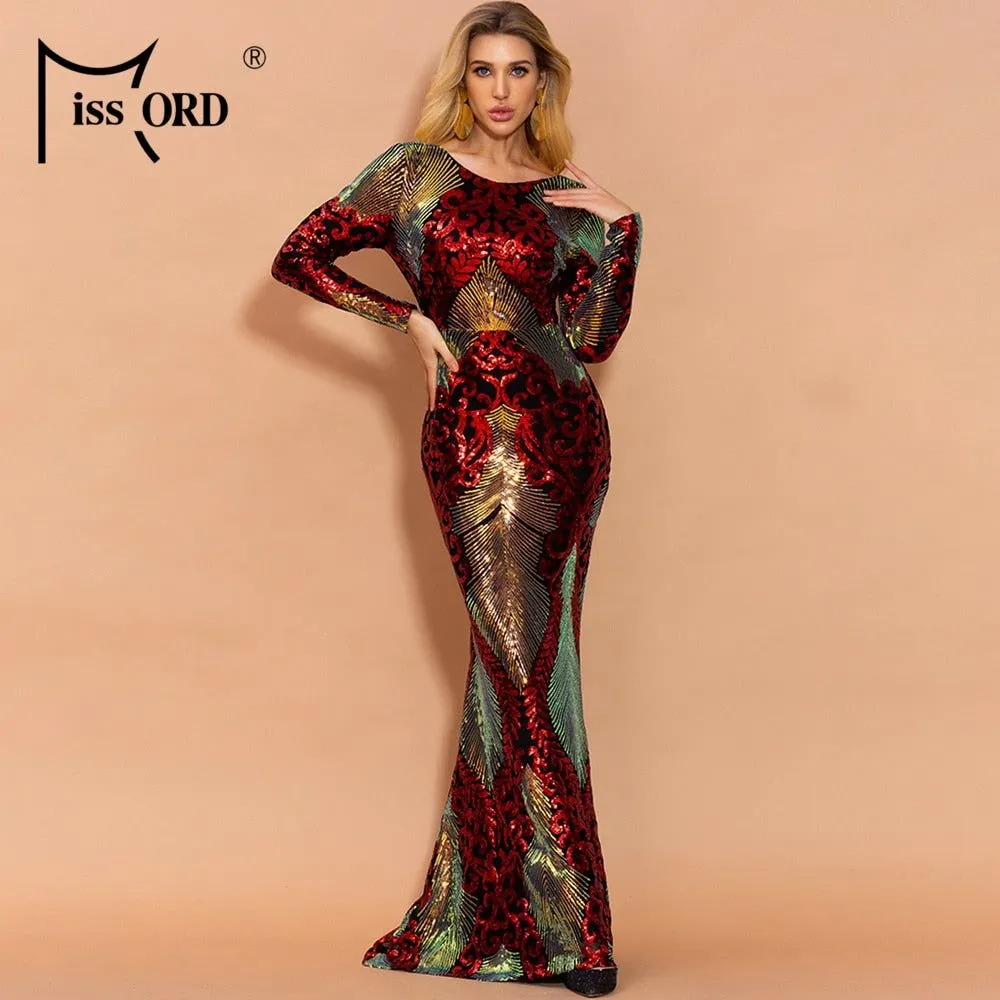 Women Sexy O Neck Backless Sequin Long Wedding Dresses Bodycon Evening Party Dress Gold