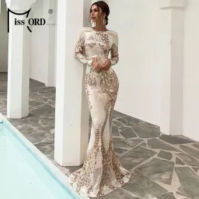 Women Sexy O Neck Backless Sequin Long Wedding Dresses Bodycon Evening Party Dress Gold