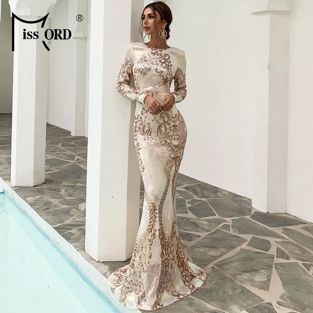 Women Sexy O Neck Backless Sequin Long Wedding Dresses Bodycon Evening Party Dress Gold
