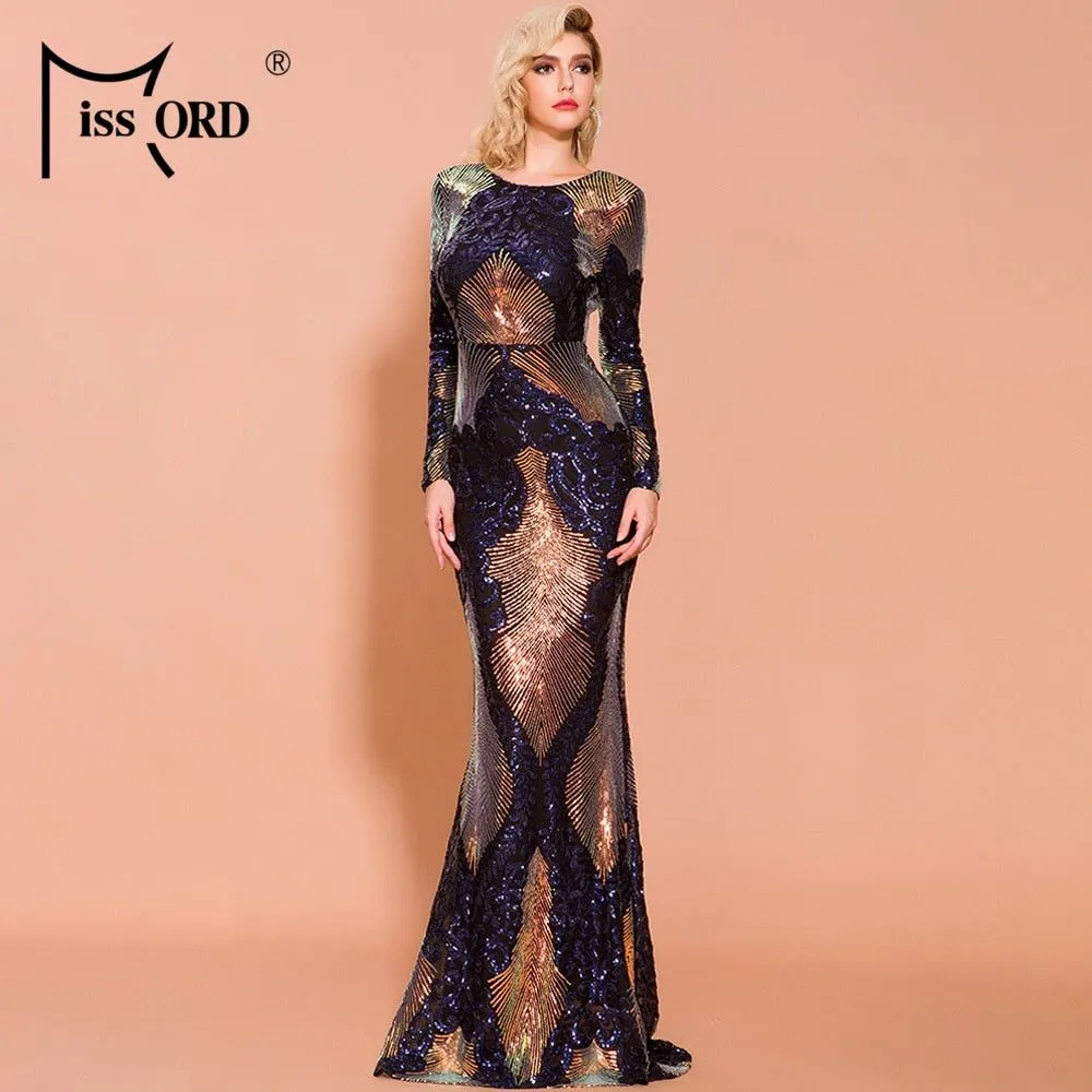 Women Sexy O Neck Backless Sequin Long Wedding Dresses Bodycon Evening Party Dress Gold