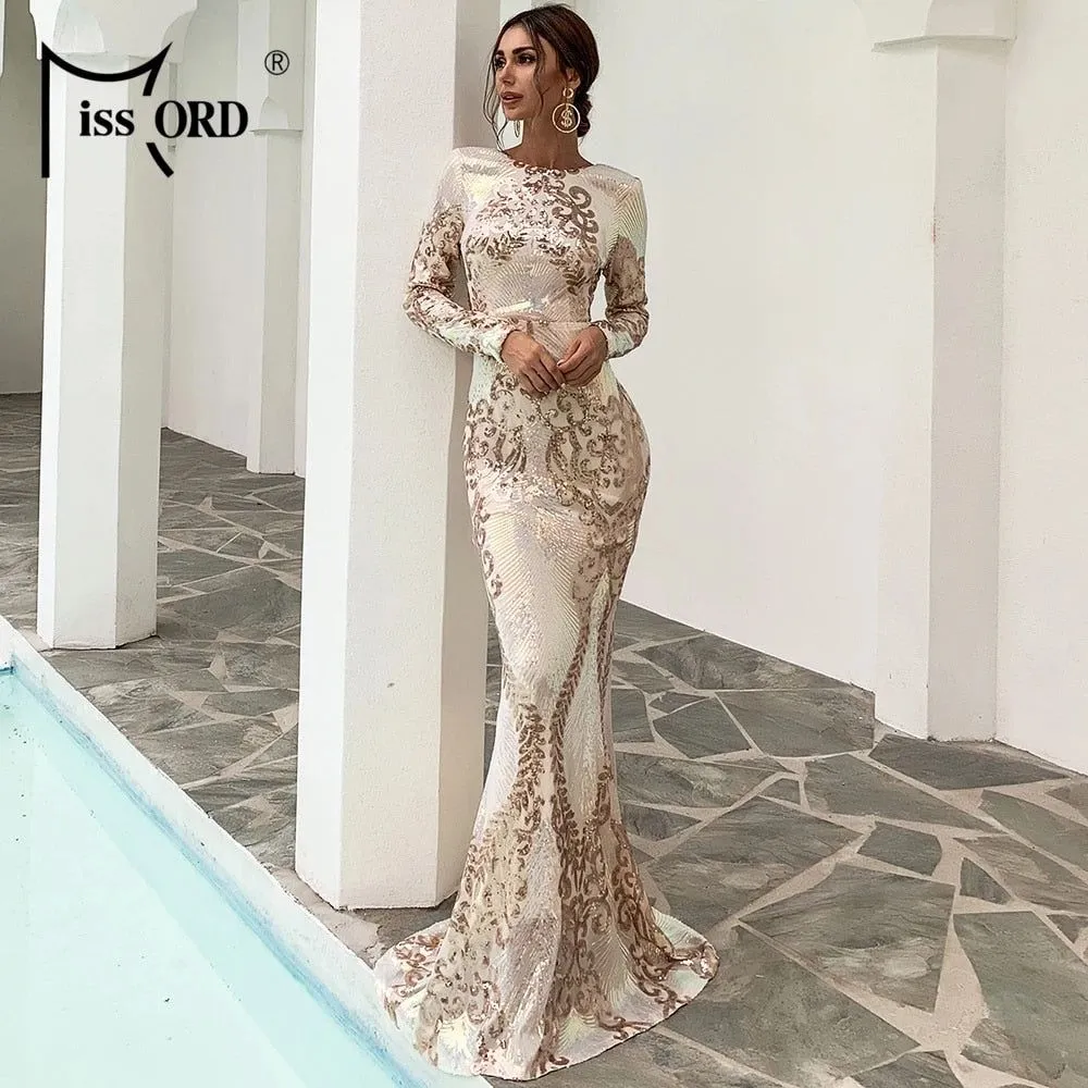 Women Sexy O Neck Backless Sequin Long Wedding Dresses Bodycon Evening Party Dress Gold