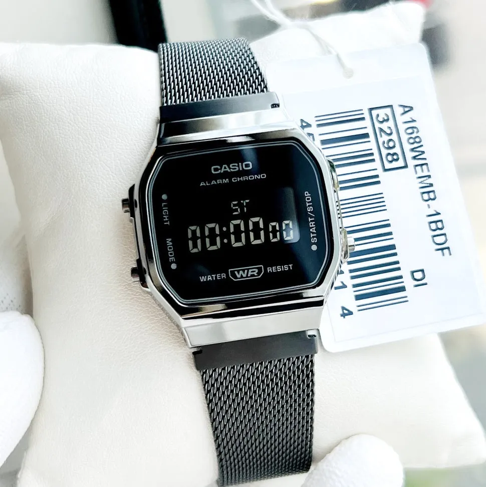 WW1888 Casio Vintage Illuminator Digital Black Mesh Chain Watch A168WEMB-1BDF