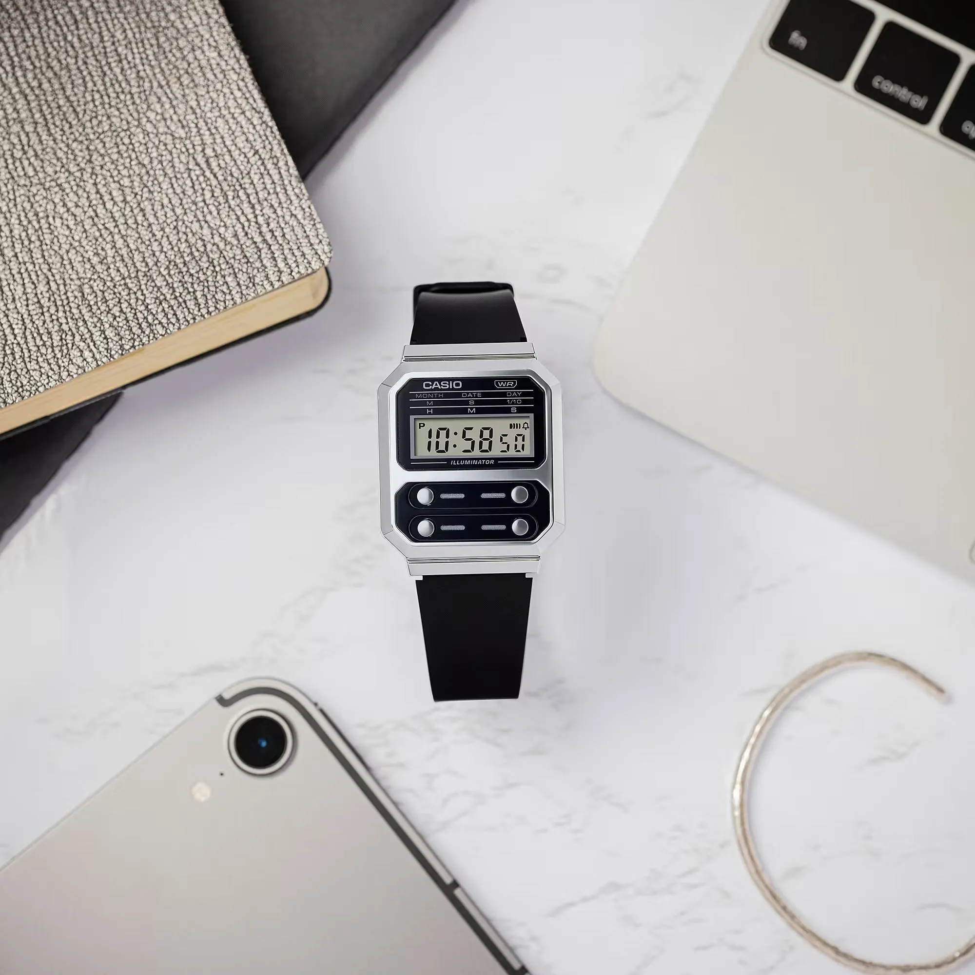 WW2078 Casio Vintage Digital Silver Resin Belt Watch A100WEF-1ADF