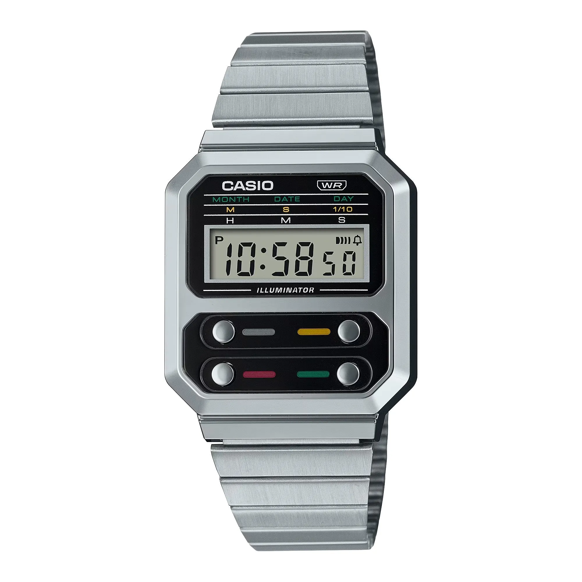 WW2083 Casio Vintage Digital Silver Chain Watch A100WE-1ADF
