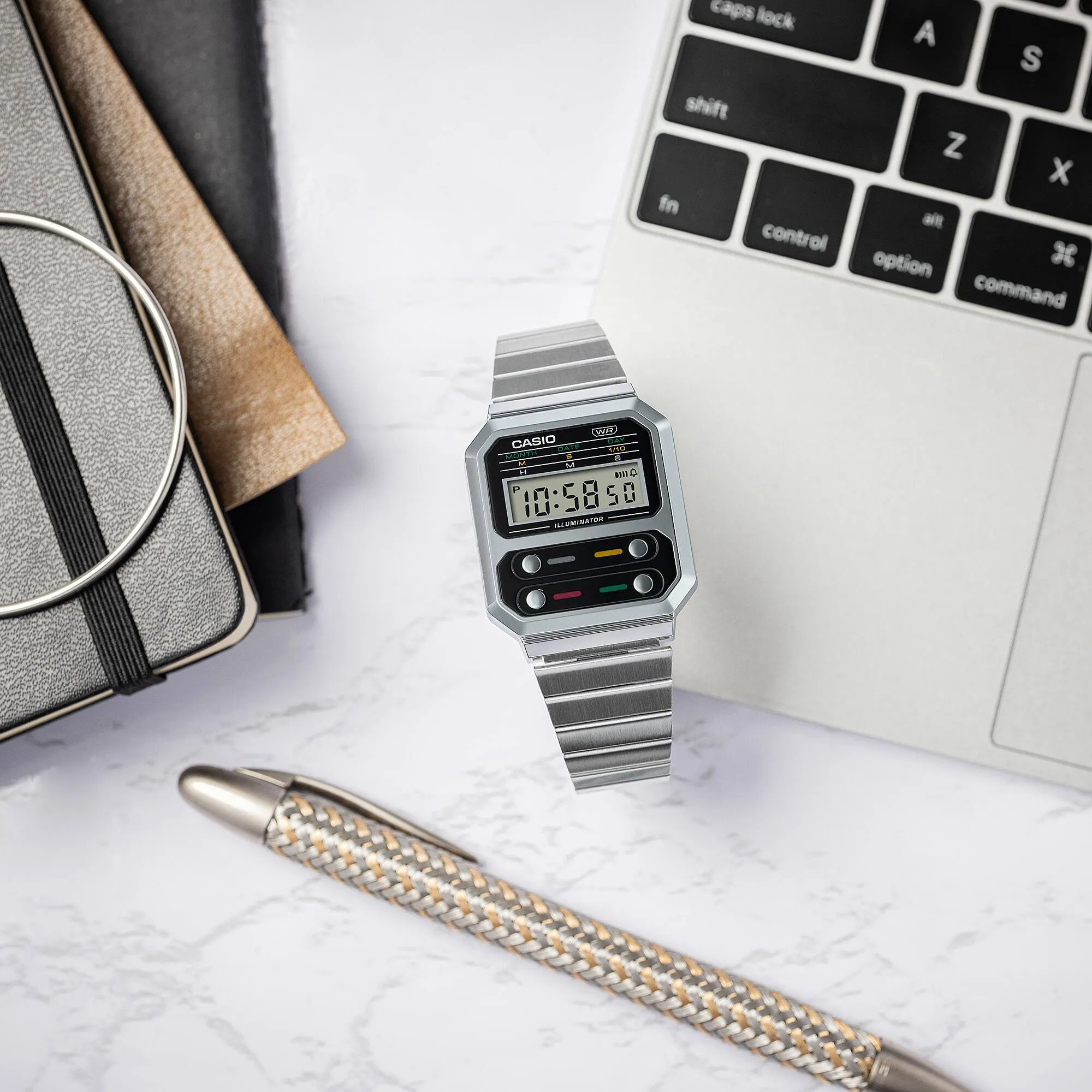 WW2083 Casio Vintage Digital Silver Chain Watch A100WE-1ADF