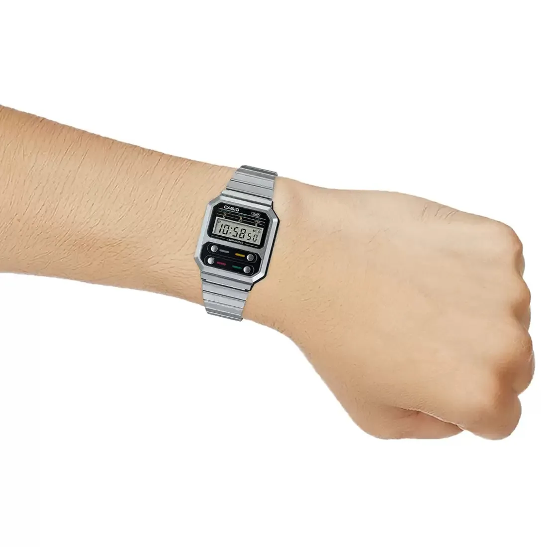 WW2083 Casio Vintage Digital Silver Chain Watch A100WE-1ADF